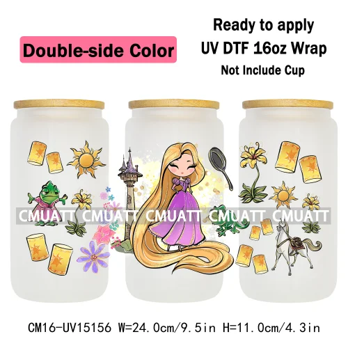Double Sided Color UV DTF Cup Wraps 16OZ Bulk Waterproof Wholesale Custom Cartoon Cute Princess Mug Glass Water Bottles Sticker