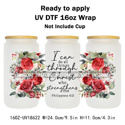 Floral Christian Jesus Bible Verse UV DTF Cup Wrap Ready To Apply Transfer Stickers Waterproof Wraps For 16OZ  Libbey Glass Can