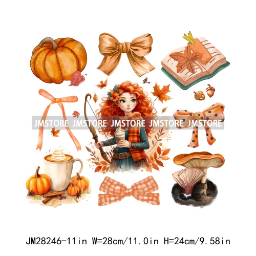 Cartoon Princess Cute Animal Coquette Fall Season Autumn Pumpkin Spice Iron On DTF Transfers Stickers Ready To Press For Clothes