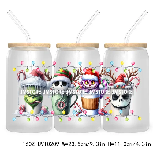 Christmas Lights Cartoon Coffee Cups 16OZ UV DTF Cup Wrap Transfer Stickers Custom Labels Waterproof Logo For Libbey Glass Can