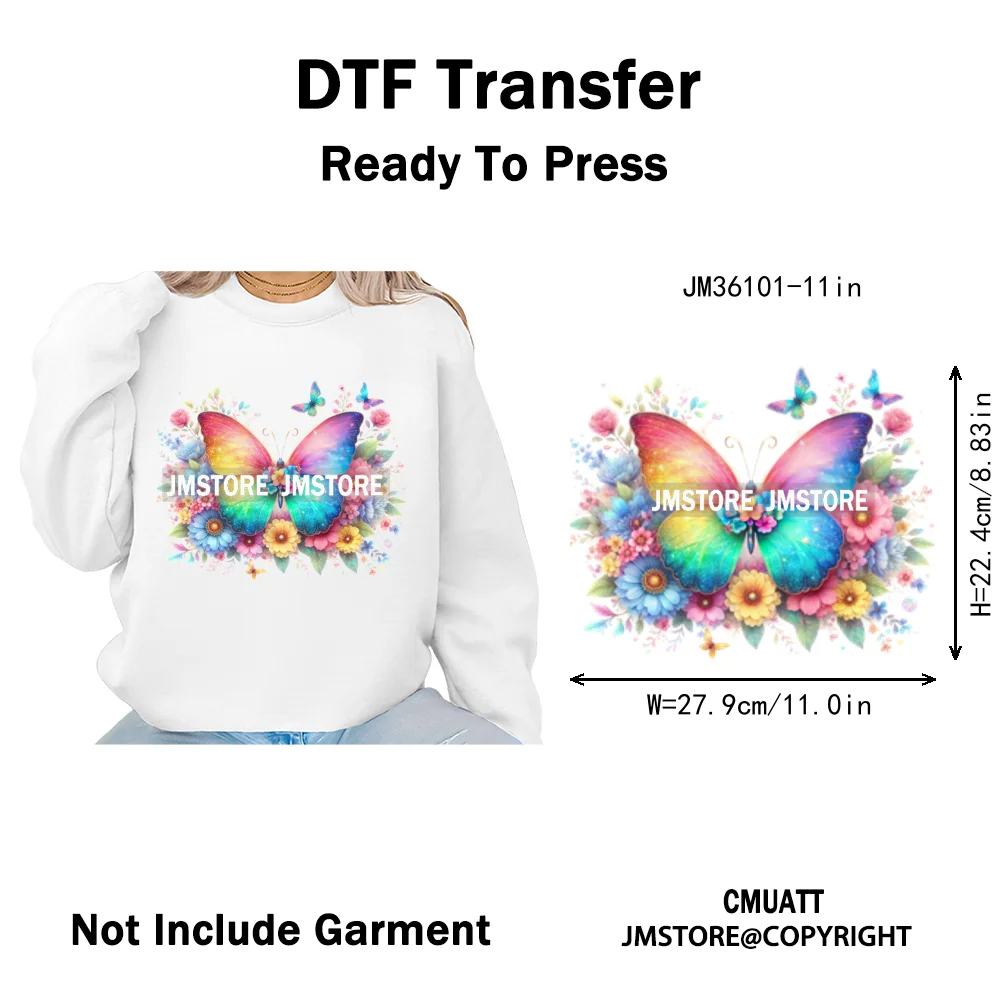 Colorful Sparkling Rainbow Butterflies Flowers Lovers Washable Iron on DTF Transfers Stickers Diy Ready to Press for Clothes