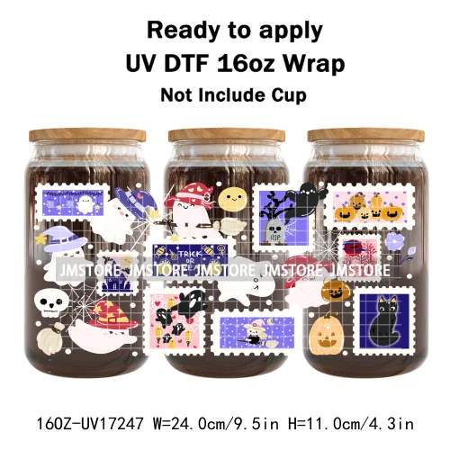 Floral Ghost Coquette Halloween Cherry Lip 16OZ UV DTF Cup Wraps Ready To Apply Waterproof Transfer Sticker For Libbey Glass Can