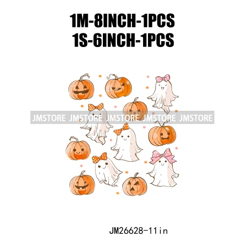 Colorful Halloween Spooky Season Cute Ghost Pumpkin Girly Coquette Bow DTF Iron On Transfers Stickers Ready To Press For T-shirt