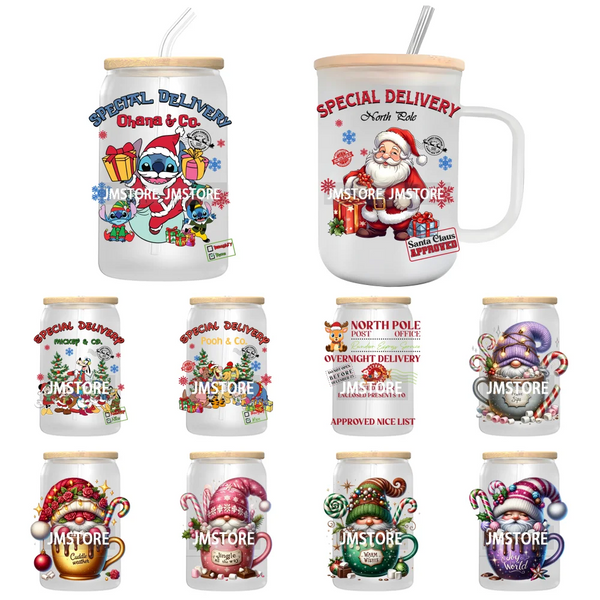 Festive Christmas Gnome Candy Cane UV DTF Transfer Stickers Decals For Libbey Cold Cups Mugs Tumbler Labels Cartoon Characters