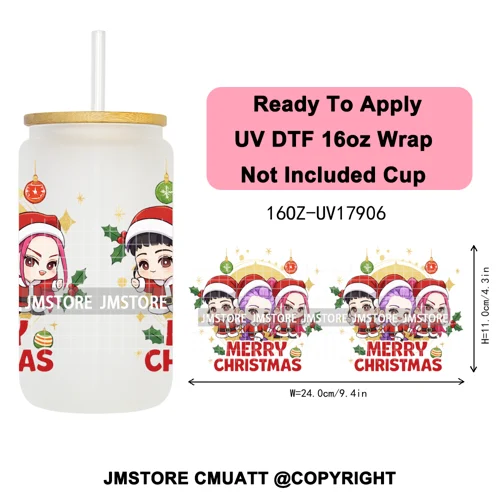 Merry Christmas Kpop Movie Character Anime Girl UV DTF Stickers Ready To Apply Cup Wrap High Quality For 16OZ Libbey Can Glass
