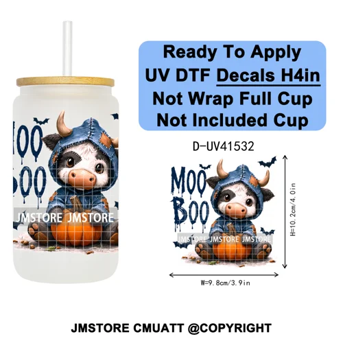 Spooky Highland Cow Halloween Ghosts Pumpkin UV DTF Decals Ready To Apply Waterproof Transfer Stickers For 16OZ Libbey Glass Can