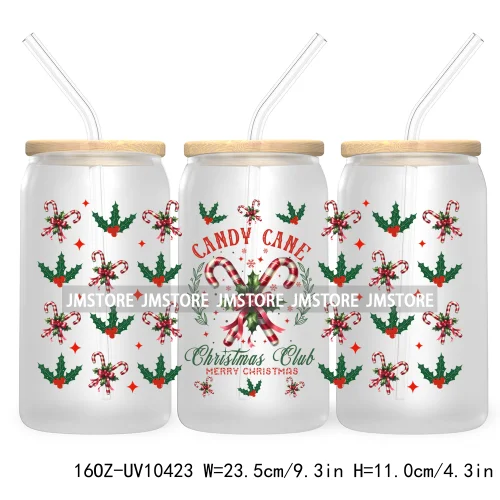 Christmas Girly Coquette Bow 16OZ UV DTF Cup Wrap Transfer Stickers Custom Labels For Libbey Glass Can Candy Cane Tis The Season