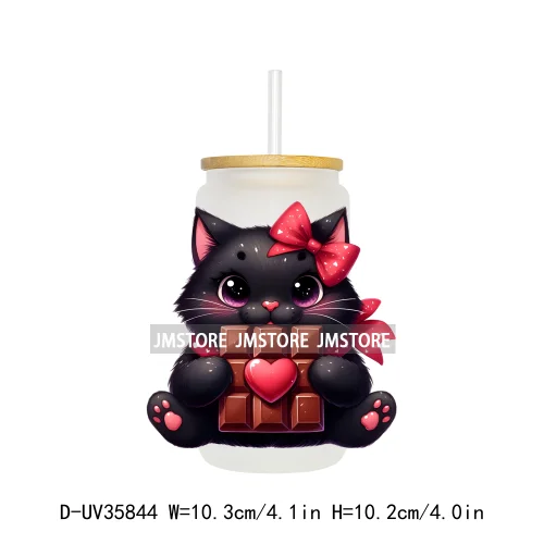 Valentine's Day Black Cat Couple UV DTF Transfer Stickers Decals Ready To Apply Waterproof For 16OZ Libbey Glass Can Cup Tumbler
