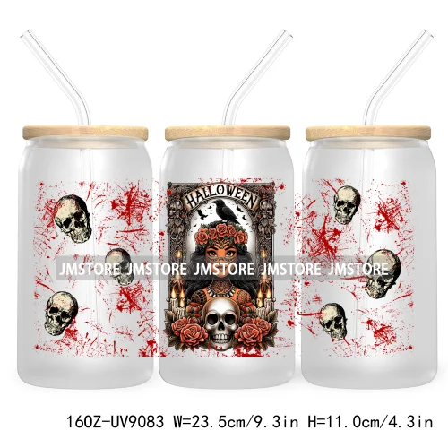 Spooky Halloween Princess 16OZ UV Cup Wrap DTF Transfer Sticker For Libbey Glass Can Cup Tumbler Waterproof Label Trick or Treat