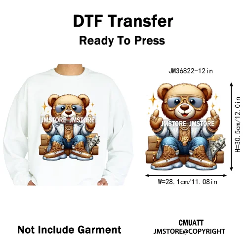 12in Hip Hop Vibes Urban Style Rich Bear With Gold Chains King Animal Iron on DTF Transfers Stickers Ready to Press for Textile