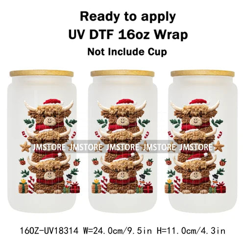 Faux Crochet Yarn Christmas Highland Cow 16OZ UV DTF Cup Wraps Ready To Apply Waterproof Transfer Stickers For Libbey Glass Can