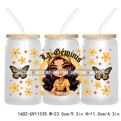 Chicana Chola Zodiac Chibi Latina Girls 16OZ UV DTF Cup Wrap Transfer Stickers Waterproof For Libbey Glass Can Horoscope Signs