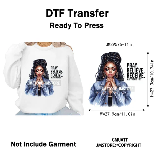 Fashion Afro Girls Pray Christian Black Boss Lady Printing Iron on DTF Washable Transfers Stickers Ready to Press for Clothes