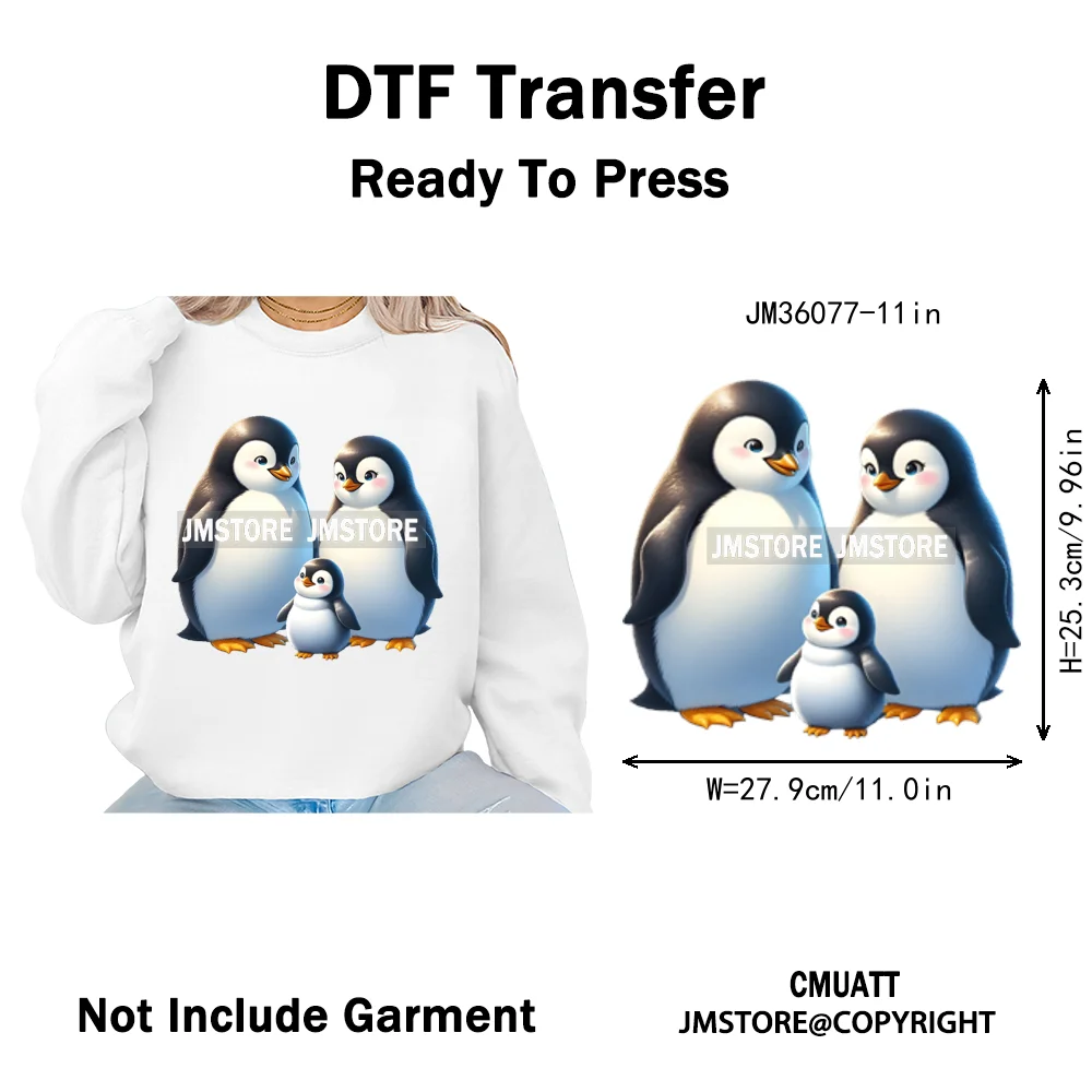 Cute Animal Penguins Coquette Hat Family Mom Father Baby Lovers Iron on DTF Heat Transfer Stickers Ready to Press for Hoodies