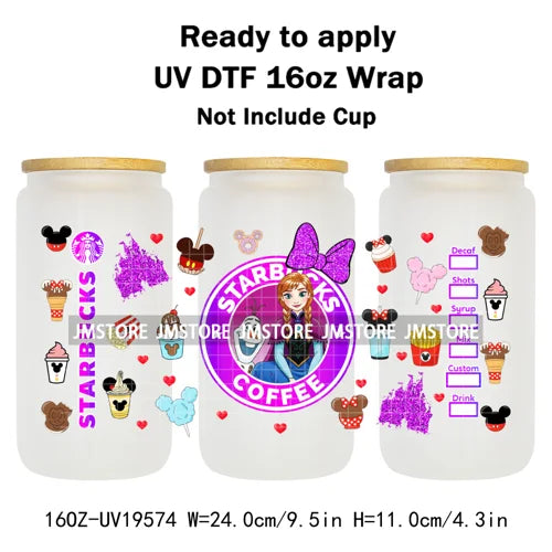 Faux Glitter Coffee Cartoon Princess Girly 16OZ UV DTF Cup Wraps Ready To Apply Waterproof Transfer Sticker For Libbey Glass Can