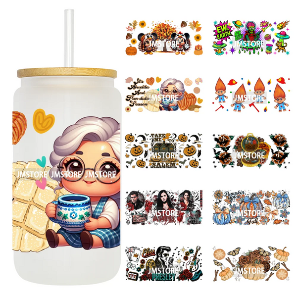 Halloween Pumpkin Spice Magical Cartoon 16OZ UV DTF Cup Wraps Ready To Apply Waterproof Transfer Stickers For Libbey Glass Can