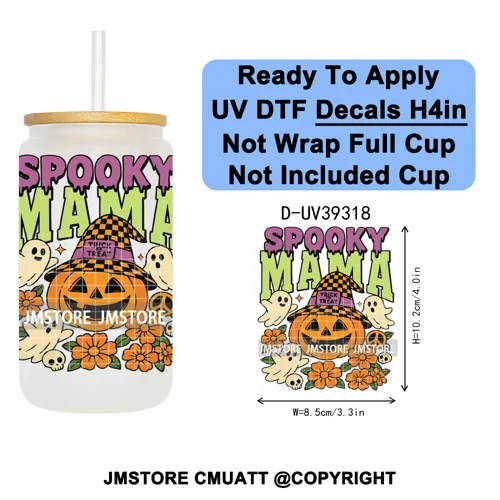 Stay Spooky Halloween Horror Pumpkin Coquette UV DTF Decals Ready To Apply Waterproof Transfer Sticker For 16OZ Libbey Glass Can