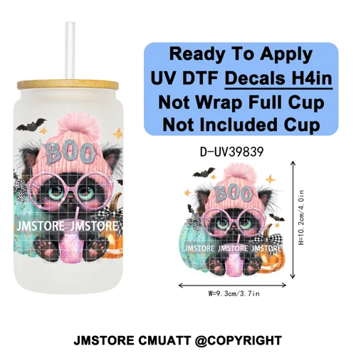 Girly Halloween Ghost Pumpkin Coffee Lover UV DTF Transfer Stickers Decals Ready To Apply Waterproof For 16OZ Libbey Glass Can