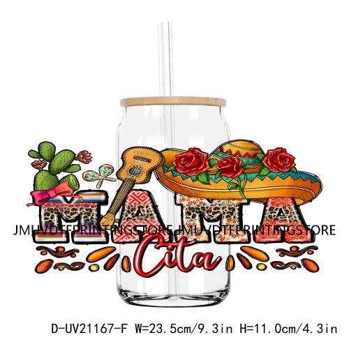 Mexican Mama Cowhide Western UV DTF Sticker For 16OZ Libbey Glass Cup Can Wrap Transfer Sticker Custom DIY Logo Fiesta Tacos