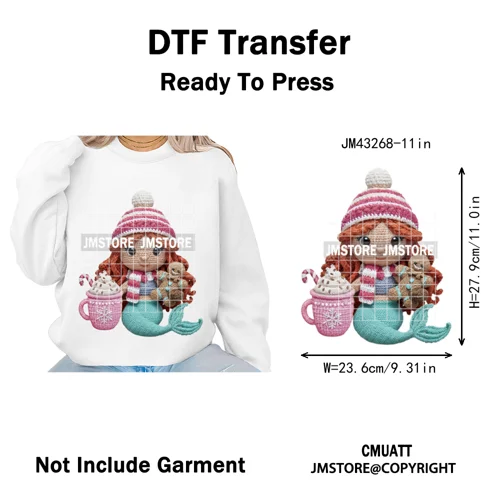 Faux Yarn Pink Hot Cocoa Cartoon Character Santa Cozy Christmas Iron on  DTF Transfers Stickers Ready to Press for T-shirts Bags