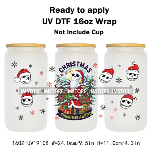 Skeleton Nightmare Before Christmas UV DTF Transfer Sticker Cup Tumbler Wrap For 16OZ Libbey Glass Wraps Bottle Mug DIY Labels