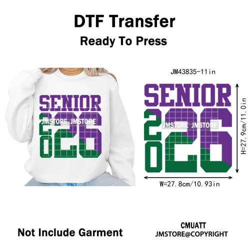 2026 Varsity Graduate Season College Senior Year Bow Iron on Washable DTF Heat Transfers Stickers Ready to Press for Sweatshirts