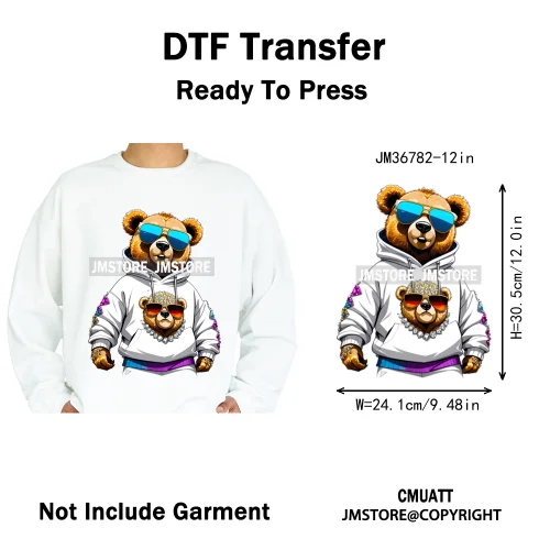 12in Cartoon Gangster Hip Hop Streetwear Teddy Bear Lover Designs Iron on DTF Heat Transfers Stickers Ready to Press for Hoodies