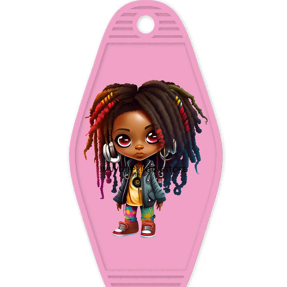 Cool Dreadlock Afro Girl High Quality WaterProof UV DTF Sticker For Motel Hotel Keychain Black Hip Hop Kids