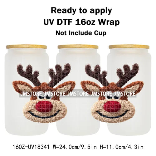 Faux Yarn Christmas Characters UV DTF Cup Wrap Ready To Apply Transfer Stickers Durable 16OZ Tumbler Wraps For Libbey Glass Can