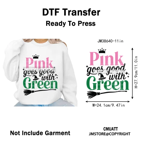 Witch Changed For Good Faux Glitter Pink and Green Movie Iron on DTF Washable Transfers Stickers Ready to Press for Clothes Bags