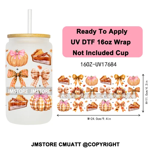 Girly Halloween Boo Thanksgiving Turkey UV DTF Cup Wrap Ready To Apply Transfer Stickers 16OZ Tumbler Wraps For Libbey Glass Can