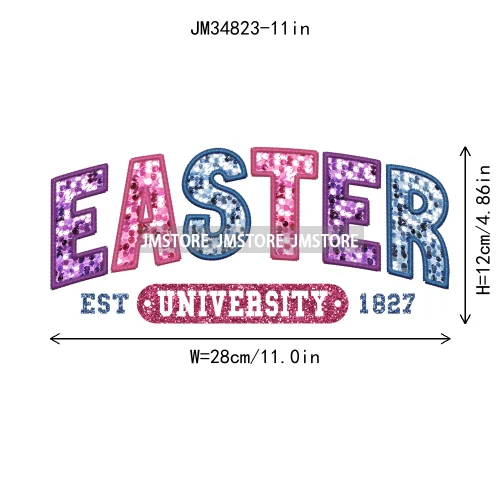 Colorful Faux Sequin Glitter Happy Easter Bunny University Letters Iron On DTF Transfers Stickers Ready To Press For Hoodies