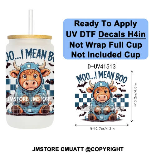 Spooky Highland Cow Halloween Ghosts Pumpkin UV DTF Decals Ready To Apply Waterproof Transfer Stickers For 16OZ Libbey Glass Can