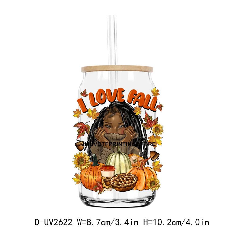 Just A Girl Who Love Fall Afro Black Girl UV DTF Transfer Stickers Decals For Libbey Cold Cups Mugs Tumbler Waterproof DIY Craft