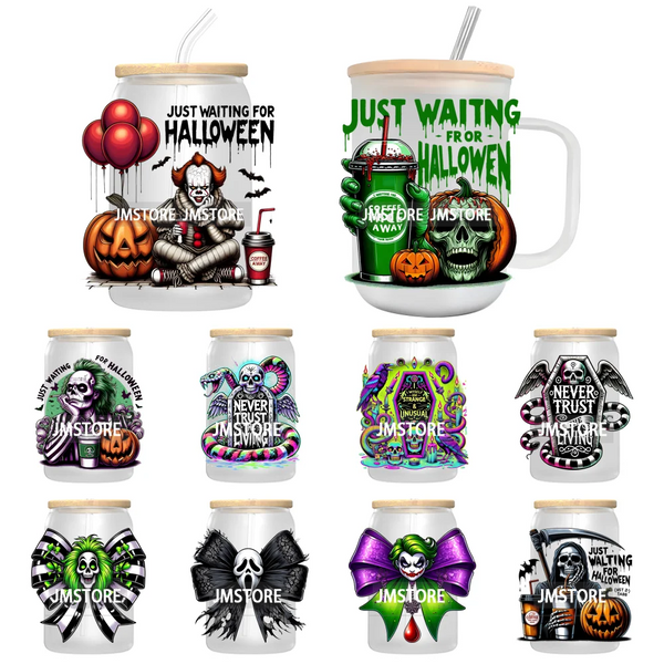 Just Waiting For Halloween UV DTF Transfer Stickers Decals For Libbey Cold Cups Mugs Tumbler Waterproof Craft Horror Killers Bow