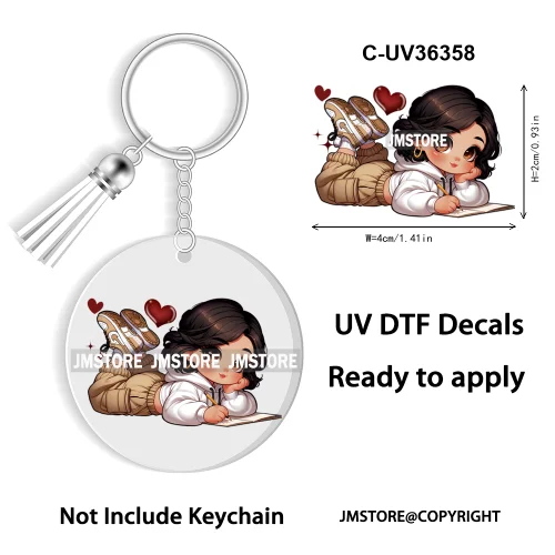 Cartoon Princess Reading Bookish UV DTF Decal Round Keychain Ready To Apply WaterProof Transfer Stickers For Circle Keychain