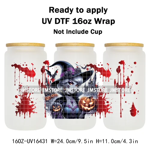 Halloween Witch Princess Bat Pumpkin UV DTF Wraps Transfer Stickers Waterproof High Quality For 16OZ Libbey Glass Can Tumbler