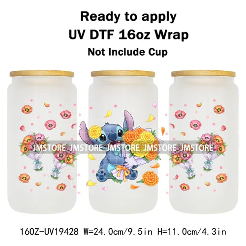 Cartoon Holding Bouquet Flowers UV DTF Cup Wrap Ready To Apply Transfer Stickers Durable 16OZ Tumbler Wraps For Libbey Glass Can