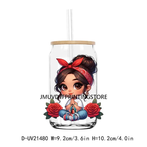 Chibi Cute Chicana Doll With Rose UV DTF Transfers Stickers Decals For Libbey Cold Cups Mugs Tumbler Mexico Waterproof DIY Logo