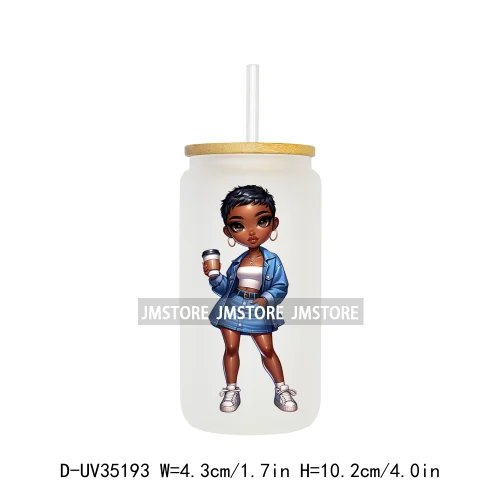 Fashion Black Chibi Denim Girl UV DTF Transfer Stickers Decals Ready To Apply Waterproof For 16OZ Libbey Glass Can Cup Tumbler