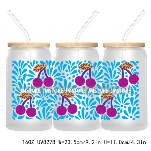 Mexican Butterfly Flowers 16OZ UV DTF Cup Wrap Transfer Sticker Custom Label Waterproof Logo For Libbey Glass Can Latina Culture