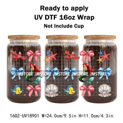 Coquette Bow Cartoon Princess Mirror UV DTF Cup Wrap Ready To Apply Transfer Stickers Waterproof Logo For 16OZ Libbey Glass Can