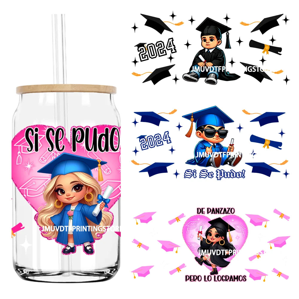 Cartoon Mexican Girl Boy Graduation 16OZ UV DTF Cup Wrap Transfer Stickers Custom Label DIY Waterproof Logo For Libbey Glass Can