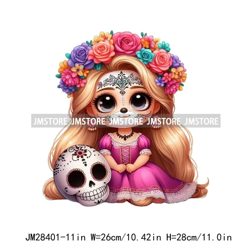 Washable Day Of The Dead La Catrina Dolls Designs Cartoon Princess Hispanic Girly Iron On DTF Transfers Stickers For Hoodies