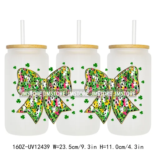 Lucky Coquette Bow Happy St Patrick's Day 16OZ UV DTF Cup Wrap Transfer Stickers Custom Waterproof Labels For Libbey Glass Can