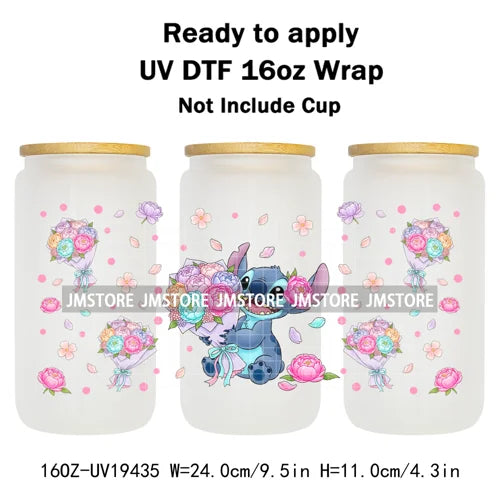 Cartoon Holding Bouquet Flowers UV DTF Cup Wrap Ready To Apply Transfer Stickers Durable 16OZ Tumbler Wraps For Libbey Glass Can