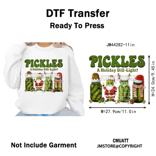 Merry Pickles Christmas Xmas Cucumber Holiday Santa Iron on Washable DTF Heat Transfer Stickers Ready to Press for T-shirts Bags