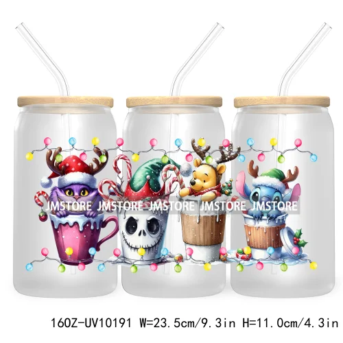 Christmas Lights Cartoon Coffee Cups 16OZ UV DTF Cup Wrap Transfer Stickers Custom Labels Waterproof Logo For Libbey Glass Can