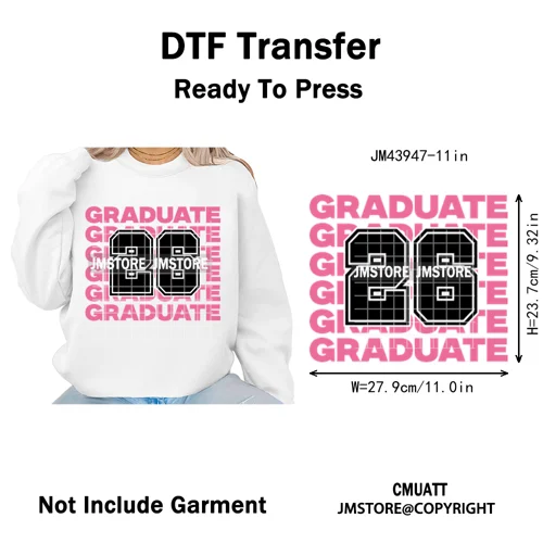 College Mega Senior 2K26 Coquette Class of 2026 Iron on Washable DTF Heat Transfers Stickers Ready to Press for Textiles Bags