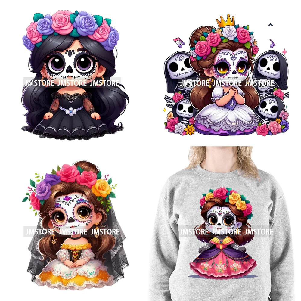 New Day Of The Dead La Catrina Dresses Girls Skull Flower Iron On DTF Transfers Stickers Ready To Press For Sweatshirt Bags